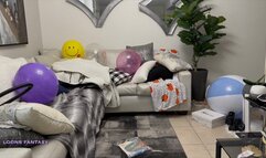 Owllete pumps, plays with and deflates retro beach ball