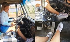 Lucy in sneakers revving a dump truck