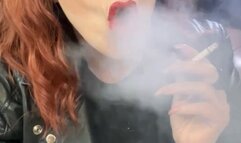Dunhill - Redhead - Genuine leather jacket, red lips, Long nails - Deep Inhales, Mouth Inhales, Mouth exhales, Multiple pumps