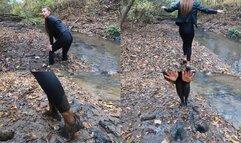 Nastya walking through the mud and lost her heels