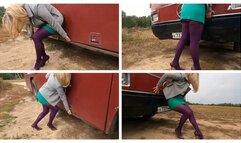 VIOLET PANTYHOSE DAY: Strong girl pushes a heavy bus