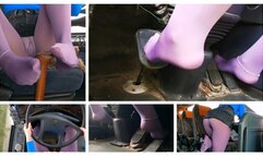 VIOLET PANTYHOSE DAY: Pedal pumping, smelly opaque pantyhose and footjob in old bus Mercedes-Benz