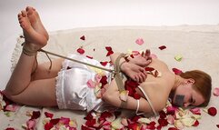 Tapegagged barefoot Irene in white lace nightie, hogtied with hemp rope, wiggles on the floor (HD WMV)