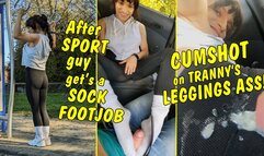 After sport guy get’s a sock footjob from tranny girl! Cumshot on her leggings ass!