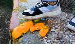 Sexy girl crushes fruits with sneakers - 4k version