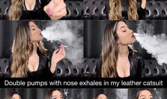 Double pumps with nose exhales in a marlboro red close up wearing a leather catsuit and leather bra!