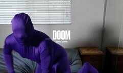 Nylon encasement in Shiny White Silky Pantyhose layered with a Purple Zentai Spandex Suit