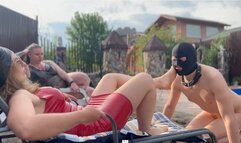 Face slapping and barefoot licking at the pool