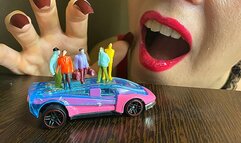 Tinies on a pink car and giantess
