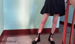 Trampling and soles licking in fashion sandals on the public stairs