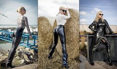 Katya walking outdoors in three leather outfits