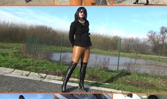 Handcuffed wife in coat, leather leggings and over knee boots