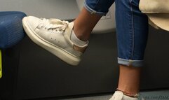 Brat girl puts her sneakers soles on train seat, candid shoe fetish
