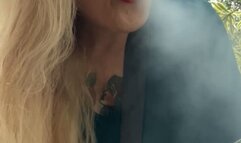 Marlboro reds - Smoking in the rain - Deep Inhales, Triple pumps - Coughing - Crush - Long hair, Red lipstick, Long red nails, Genuine leather sneakers