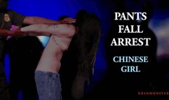 PANTS FALL ARREST : ASIAN SPA RAID : long haired Chinese woman arrested TOPLESS as pants fall down eXposing hairy bush , butt crack & pierced nipples outdoors in rain + TV NEWS REPORT footage 4K HD mp4