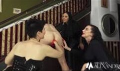 Triple cock surprise for the prisoner by Mistress Alexandra, Ezada Sinn and Domina Christine