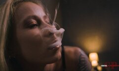 Her arms around a pillow, smoking FHD MP4