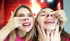 Nastya and Lucy make faces and show pig noses