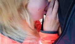 Outdoor oral with cum on a blonde's tits