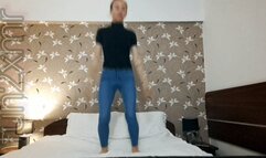 Jumping in the hotel's bed