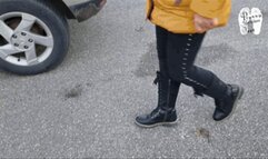 Driving her Car with winter Boots