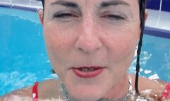 No mask pool time in red polka dots—so close to me!