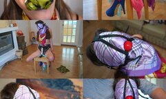 Scarf bound & scarf gag with ball gag harness and pvc tape, claires orgasm struggle (mp4)