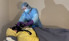 Masked and Gloved Stepdaughter Assists Father with Respirator Filter