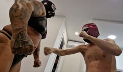 mixted wrestling masked thickness huge massive muscle woman vs skinny weak short man bear hug smother breasts lift and carry belly punch totally dominated