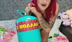 girl in lingerie blowing balloons with helliium