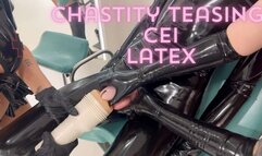 Chastity teasing and CEI on latex gimp with Evil Woman