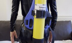 latex catsuit scuba tease with double hose and fins