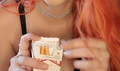 Slut redhead smoking cork in hot black lingerie - red lips
