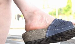 Candid mature dirty feet dangling with slippers, foot fetish watching