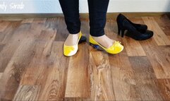 Crushing a toy car and a pc mouse with yellow ballerinas and black Pumps