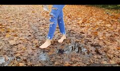 she runs with her dirty feet over a Jacket