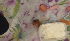 Sexy lady walking on bed crushing food with Adidas football boots