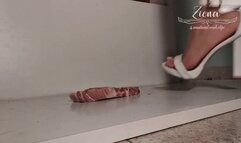Steak crush fetish in white heeled sandals - meat food crush