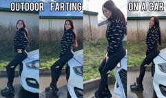 Outdoor farting on a car in leggings