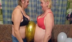 Two BBWs blow up balloons with their bellies WMV