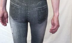 Asian CD in stiletto high heels stripping denim showing bottomless