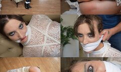 Submissive girl Claire gets bound and double handkerchief gagged in leather and lace