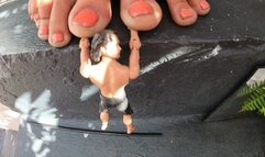 Giantess Towers over you and a shrunken man who was trying to get into her house climbing the stairs but he started feeling the ground shake and fell of the edge he was holding on for dear life when he hear the giantess approach stomping she crushes his t