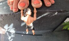 Giantess Towers over you and a shrunken man who was trying to get into her house climbing the stairs but he started feeling the ground shake and fell of the edge he was holding on for dear life when he hear the giantess approach stomping she crushes his