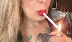 WINSTON 100s - The Leather Lady - Deep Inhales, Smoke rings, Cough, Nose exhales, Crush, Boots, Genuine leather jacket, Long hair, Long nails, Red lipstick