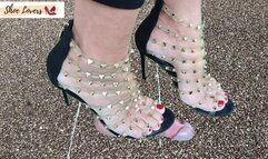 Lady S is surprised: she found a cock sticking out of the street- trampling, shoejob with transparent studded sandals, special effects