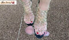 Lady S is surprised: she found a cock sticking out of the street- trampling, shoejob with transparent studded sandals, special effects 1080