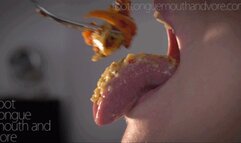 Barefoot Hippy Girl Eating Pasta With Feet Up