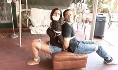 Clothed Couple Laura and Drake Are Tied Back To Back And Tape Gagged Outside!