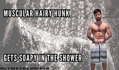 Muscular hairy hunk getting soapy in the shower